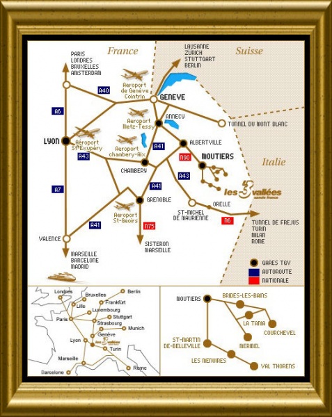 Plan d'accès 3 Vallées. Access map to the 3 Valleys aera.